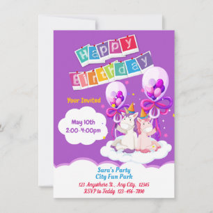 Fun Unicorn Balloon Birthday Invitation