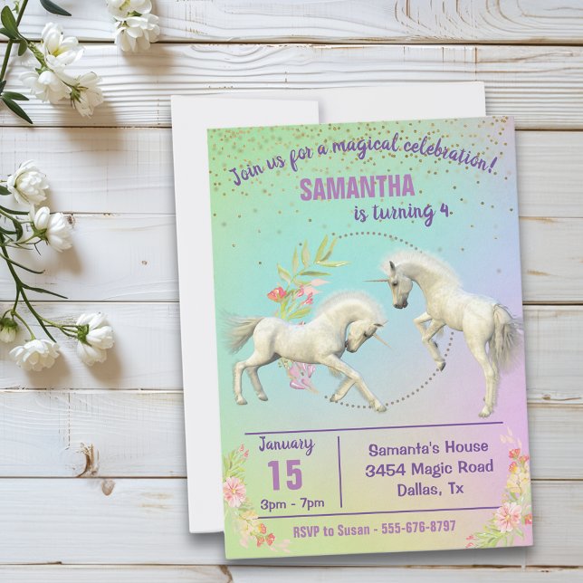 Fun Unicorn Foals Rainbow Fantasy Gold Confetti Invitation (Creator Uploaded)