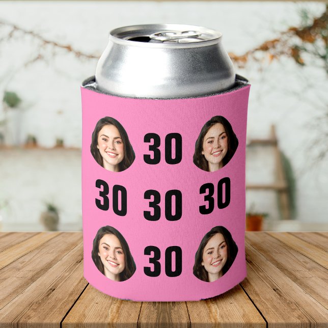 Fun Unique 30th Birthday Photo Cool Retro Can Cooler (A pink beer sleeve with five black "30" numbers and four smiling face photos evenly arranged.)