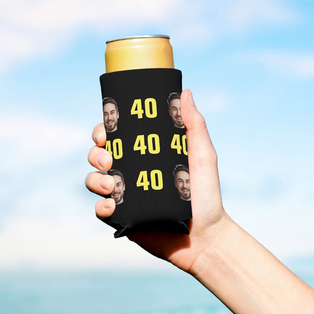 Fun Unique 40th Birthday Photo Cool Retro Seltzer Can Cooler (a black seltzer can cooler with 5 times the number "40" in yellow as well as photo face cutouts )