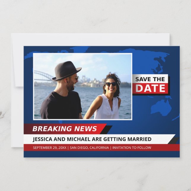 Fun Unique Breaking News TV Blue Red White Photo Save The Date (Front)