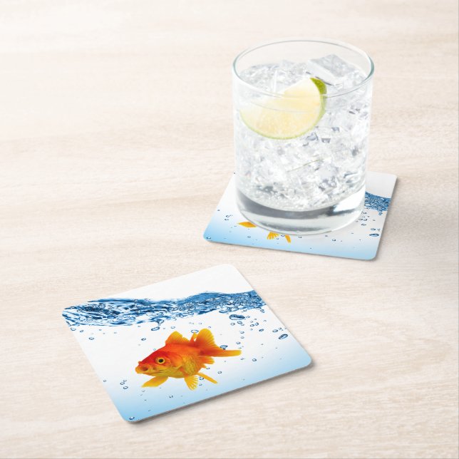 Fun Unique Goldfish Fish Bowl Water Square Paper Coaster (Insitu)