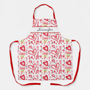Fun Valentines Red Pink Heart Doodle Personalised Apron