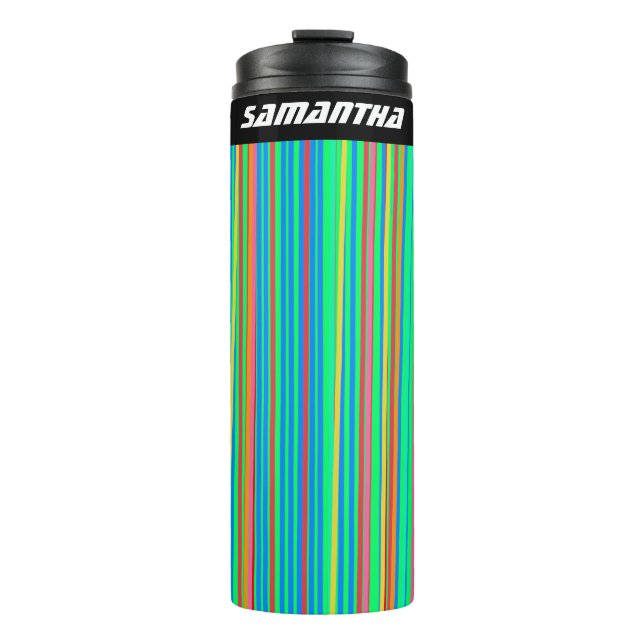 Fun Vertical Stripes Green Pink Orange NAME Thermal Tumbler (Front)