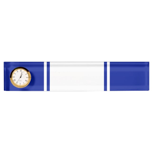 Fun Vertical White Royal Blue Racing Stripes Clock Nameplate (Front)