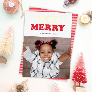 Fun Very Merry Retro Mod Typography Photo Red Gold Foil Holiday Card