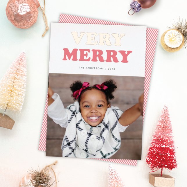 Fun Very Merry Retro Typography Photo Rose Gold Foil Holiday Card (Creator Uploaded)