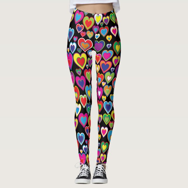 Fun Vibrant Eye-catching Rainbow of Hearts Pattern Leggings (Front)