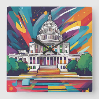 Fun Vibrant Funky Washington DC Wall Clock! Square Wall Clock