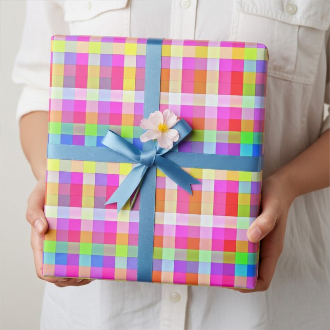 Fun Vibrant Rainbow Coloured Squares Wrapping Pape Wrapping Paper (Creator Uploaded)
