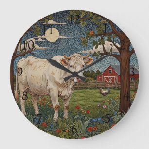 Fun vintage cow in pasture scene large clock