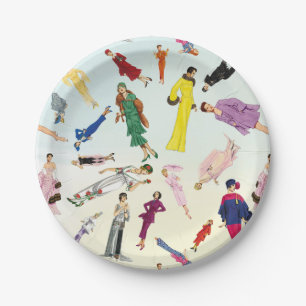 Fun Vintage Dresses Fashion Illustration Pattern Paper Plate