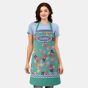 Fun Vintage Flowers Polkadots Pattern On Green Apron