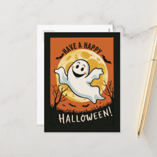 Fun Vintage Halloween Ghost and Moon Holiday Postcard