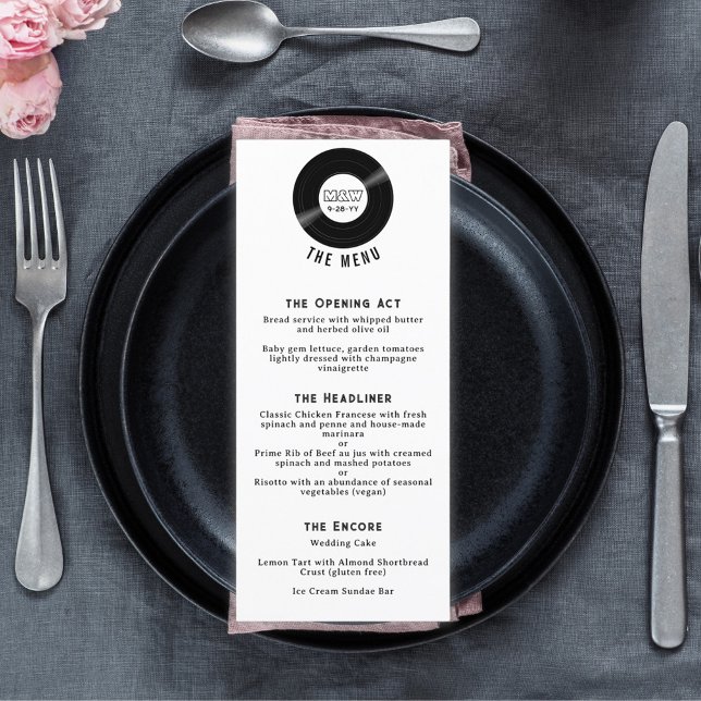 Fun Vinyl Record Monogram Elegant Black & White Menu (Vinyl record menu with three courses. Your monogram on the record and in a pattern on the back.)
