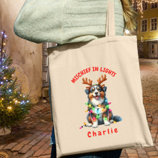 Fun Watercolor Australian Shepherd Holiday Lights Tote Bag