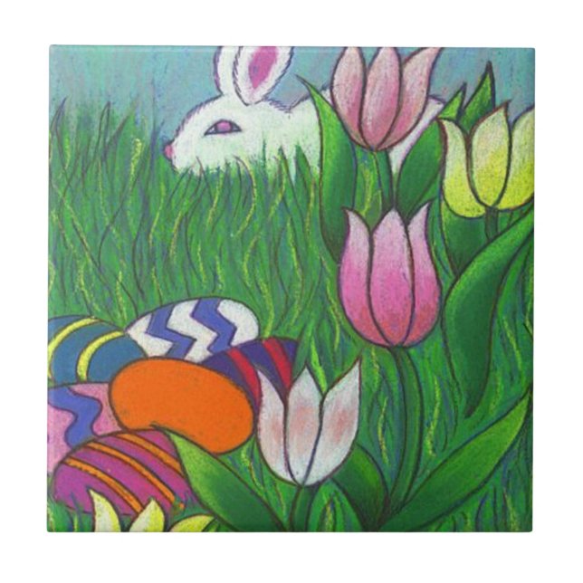 Fun Watercolor Bunny Rabbit with Eggs 4.25" Tile (Front)