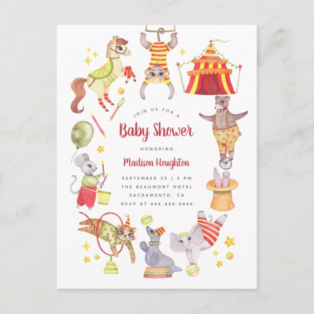 Fun Watercolor Carnival Circus Animal Baby Shower Invitation Postcard (Front)