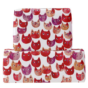 Fun Watercolor Cat Art Red Pink Purple Wrapping Paper