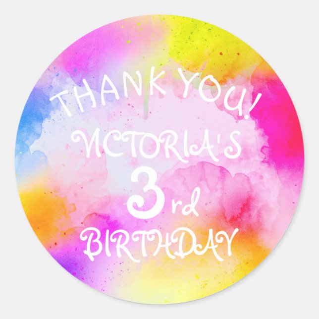 Fun Watercolor Colourful Kids Girl Birthday Classic Round Sticker (Front)