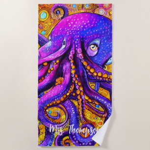 Fun Watercolor Octopus with Personalised Name Beach Towel