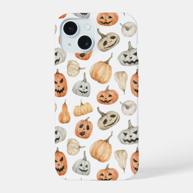 Fun Watercolor Pumpkin Pattern iPhone 15 Case (Back)