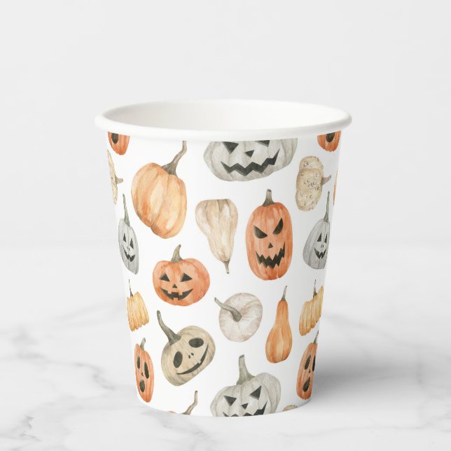 Fun Watercolor Pumpkin Pattern Paper Cups (Front)