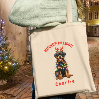 Fun Watercolor Rottweiler Christmas Lights Dog Tote Bag