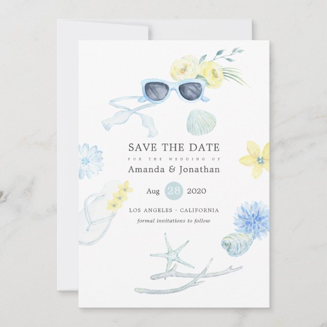 Fun Watercolor Summer Beach Wedding Save The Date (Front)