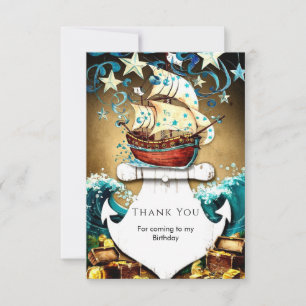 Fun Watercolor Treasure Pirate Birthday Thank You Card