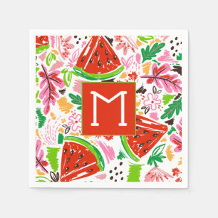 Fun Watermelon and Floral Pattern Monogram  Napkin
