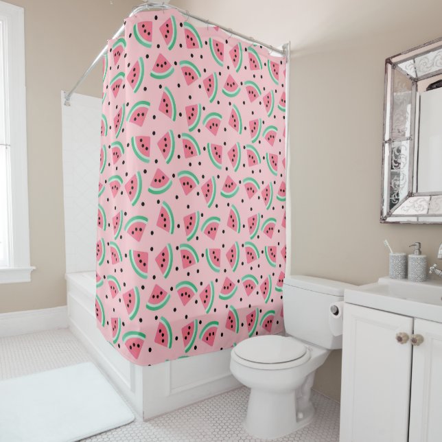 Fun Watermelon Slice Pattern Summer Vibes Shower Curtain (In Situ)