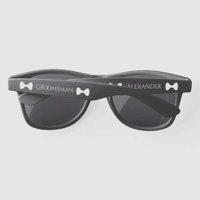 Fun Wedding Groomsman Bow Tie Personalised Sunglasses (Back)