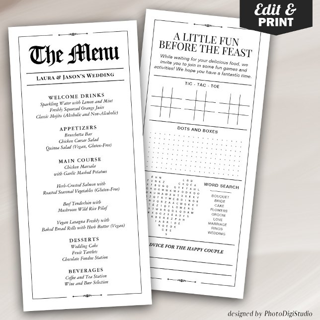 Fun Wedding Menu with Wedding Games Newspaper (Fun Wedding Menu with Wedding Games Newspaper, Black and White Menu for Wedding)