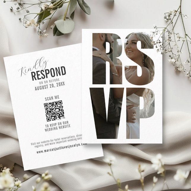Fun Wedding RSVP Photo Words Modern QR Code Enclosure Card (Custom RSVP photo words kindly respond on wedding website scan QR code informal enclosure card )