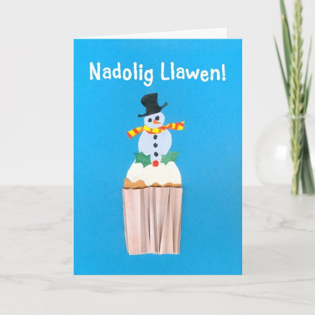 Fun Welsh Christmas Card, Cupcake with Snowman Holiday Card (Front)