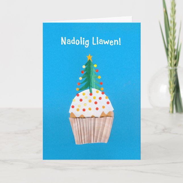 Fun Welsh Christmas Cupcake Card, Christmas Tree Holiday Card (Front)