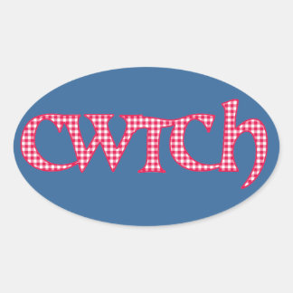 Fun Welsh Cwtch Stickers: Red Check Gingham Oval Sticker
