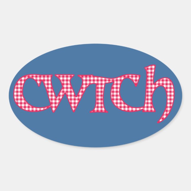 Fun Welsh Cwtch Stickers: Red Check Gingham Oval Sticker (Front)
