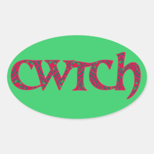 Fun Welsh Cwtch Stickers: Red, Green Pattern Oval Sticker