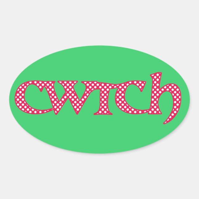 Fun Welsh Cwtch Stickers: Red, White Polka Dots Oval Sticker (Front)