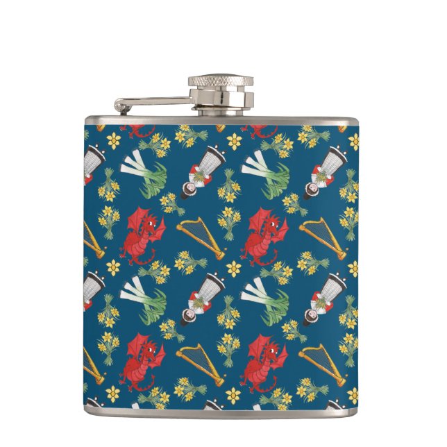 Fun Welsh Emblems on Blue Hip Flask (Front)
