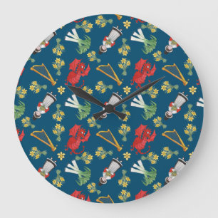 Fun Welsh Emblems on Blue Round Wall Clock