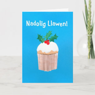 Fun Welsh Language Christmas Card Cupcake, Holly