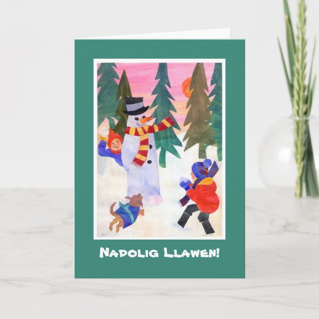 Fun Welsh Language Christmas Card, Snowman Holiday Card (Front)