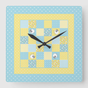 Fun Welsh Sheep, Faux Patchwork, Square Wall Clock