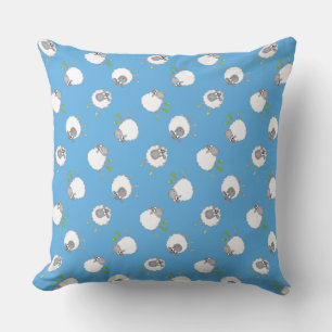 Fun Welsh Sheep Pattern on Sky Blue Background Cushion