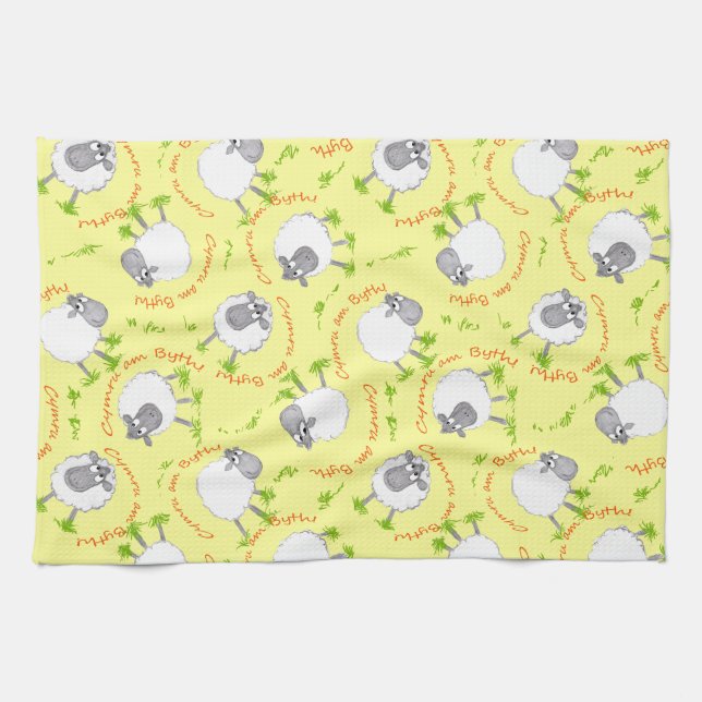 Fun Welsh Sheep, Wales Forever, Kitchen Towel (Horizontal)