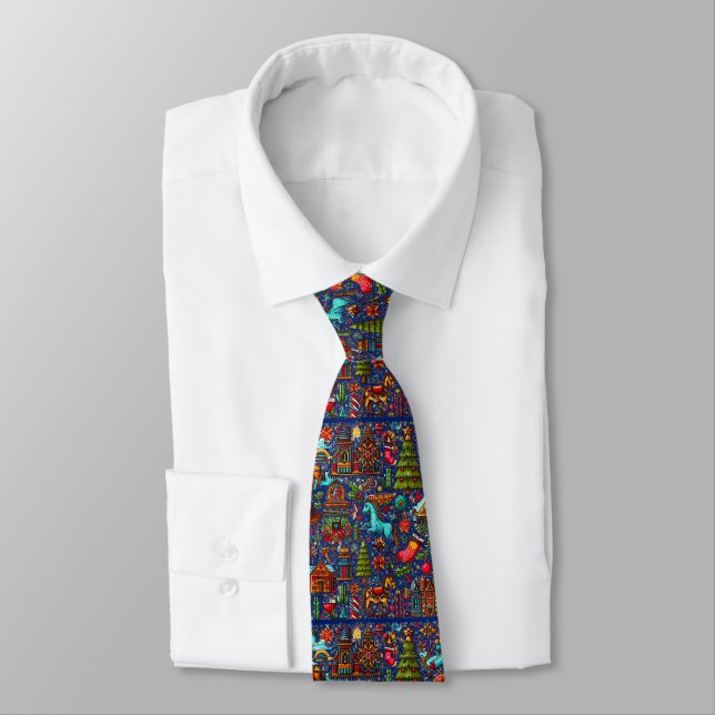 Fun Western Pattern Christmas Deep Blue Tie (Tied)