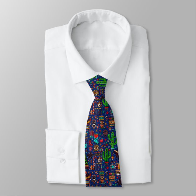 Fun Western Pattern Christmas Deep Blue Tie (Tied)
